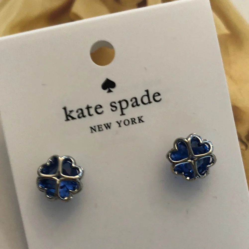 Authentic New on card kate spade blue crystal four-leaf clover stud earrings - Picture 6 of 8
